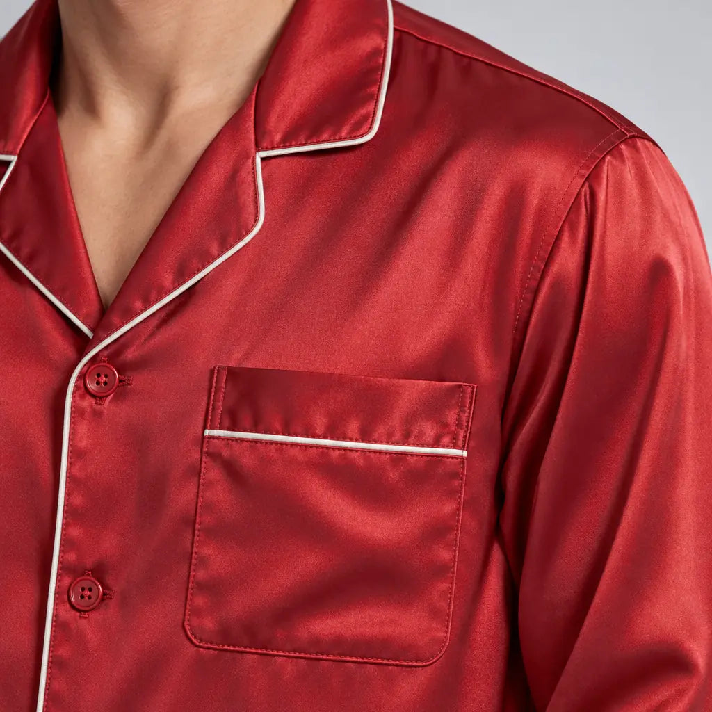 Men's Lounge Set - Silk-Look Button-Down Long Sleeve Pajama Shirt & Pants - Red