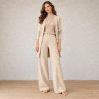 Lounge Set - Women's 3-Piece Knit Long Sleeve Longline Cardigan, Mock Neck Top & Wide-Leg Pants - Beige