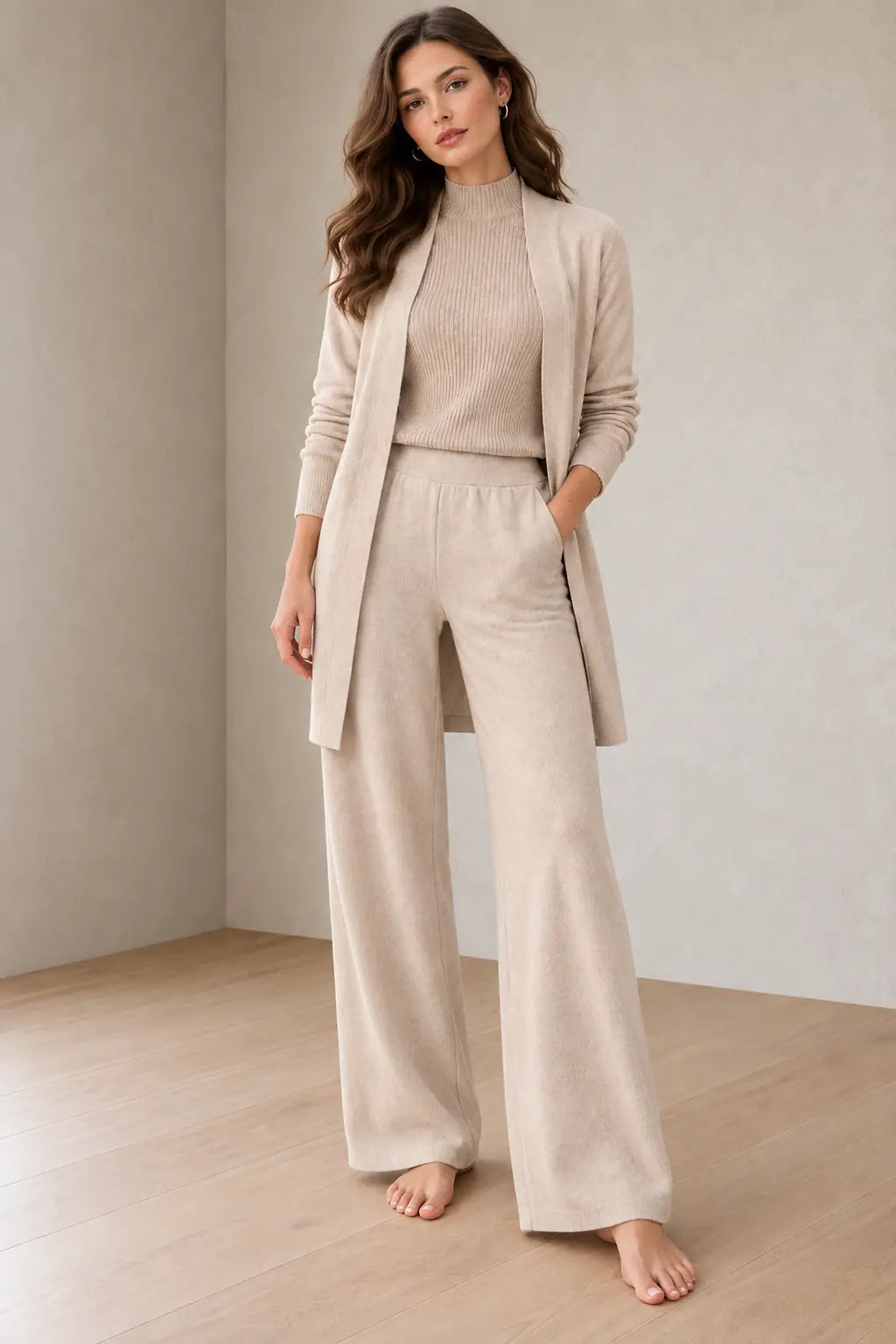 Lounge Set - Women's 3-Piece Knit Long Sleeve Longline Cardigan, Mock Neck Top & Wide-Leg Pants - Beige