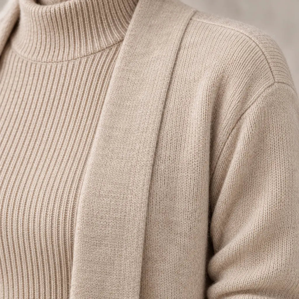 Lounge Set - Women's 3-Piece Knit Long Sleeve Longline Cardigan, Mock Neck Top & Wide-Leg Pants - Beige