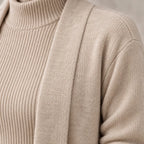 Lounge Set - Women's 3-Piece Knit Long Sleeve Longline Cardigan, Mock Neck Top & Wide-Leg Pants - Beige