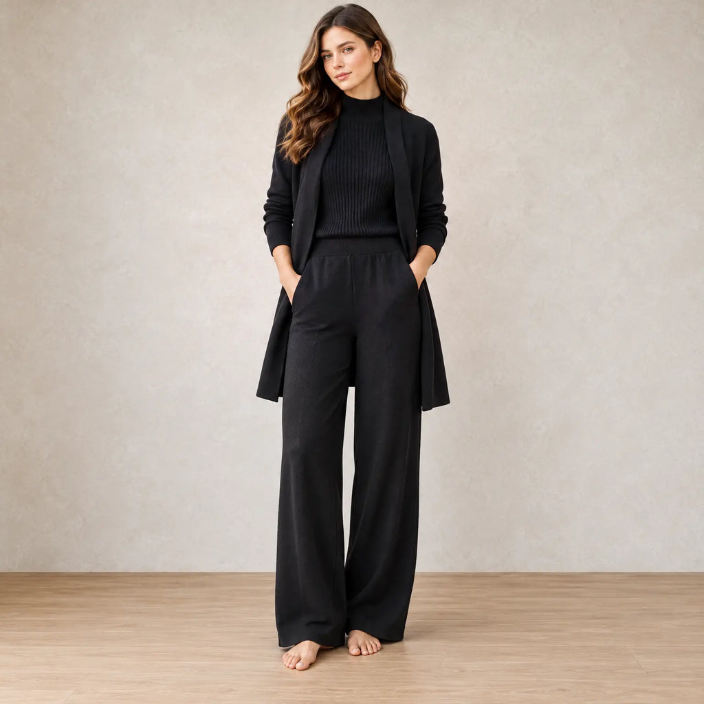 Lounge Set - Women's 3-Piece Knit Long Sleeve Longline Cardigan, Mock Neck Top & Wide-Leg Pants - Black