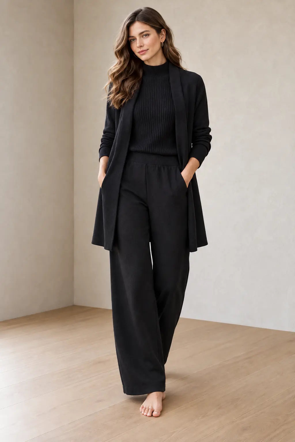 Lounge Set - Women's 3-Piece Knit Long Sleeve Longline Cardigan, Mock Neck Top & Wide-Leg Pants - Black