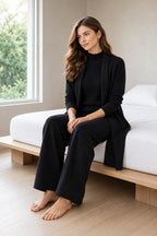 Lounge Set - Women's 3-Piece Knit Long Sleeve Longline Cardigan, Mock Neck Top & Wide-Leg Pants - Black