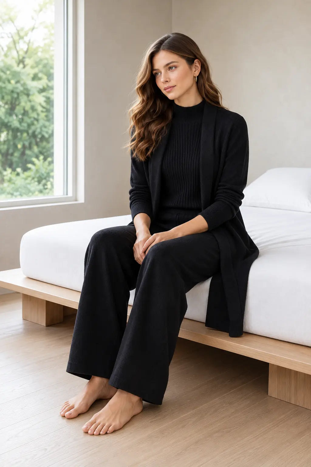 Lounge Set - Women's 3-Piece Knit Long Sleeve Longline Cardigan, Mock Neck Top & Wide-Leg Pants - Black