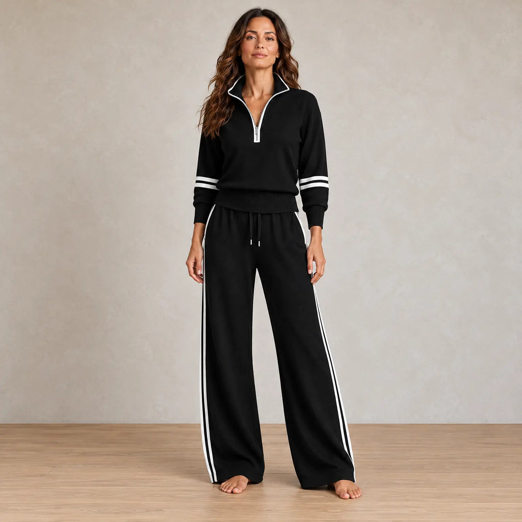 Lounge Set - Women's Quarter-Zip Long Sleeve Knit Sweater with Contrast Stripes & Wide-Leg Pants - Black