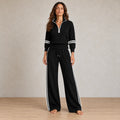 Lounge Set - Women's Quarter-Zip Long Sleeve Knit Sweater with Contrast Stripes & Wide-Leg Pants - Black