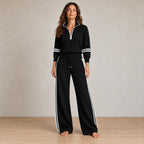 Lounge Set - Women's Quarter-Zip Long Sleeve Knit Sweater with Contrast Stripes & Wide-Leg Pants - Black