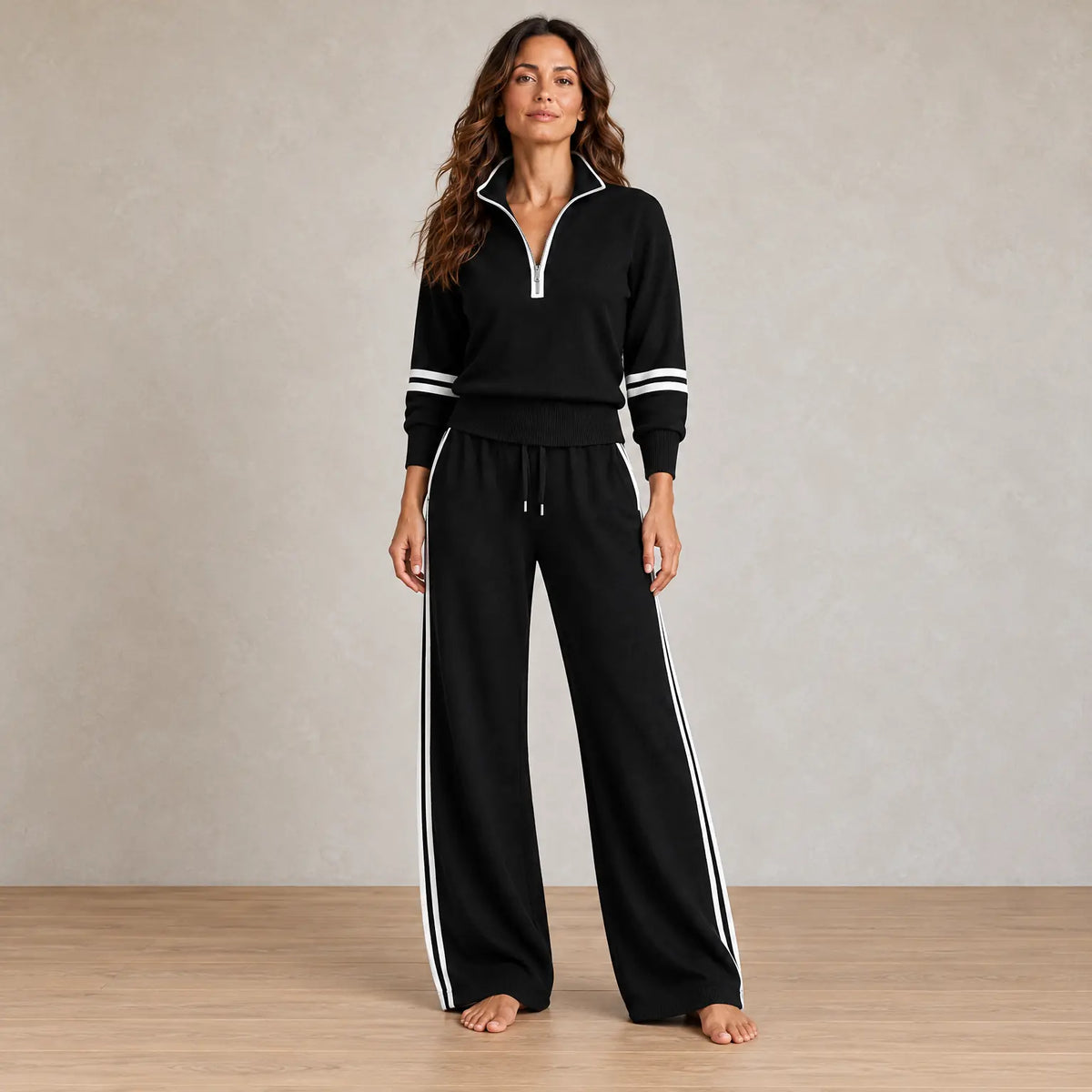 Lounge Set - Women's Quarter-Zip Long Sleeve Knit Sweater with Contrast Stripes & Wide-Leg Pants - Black