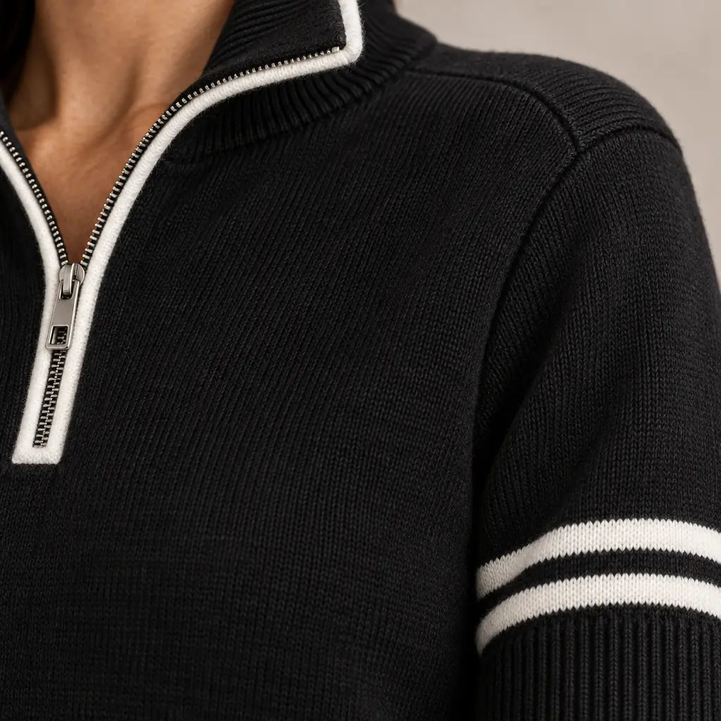 Lounge Set - Women's Quarter-Zip Long Sleeve Knit Sweater with Contrast Stripes & Wide-Leg Pants - Black