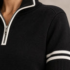 Lounge Set - Women's Quarter-Zip Long Sleeve Knit Sweater with Contrast Stripes & Wide-Leg Pants - Black