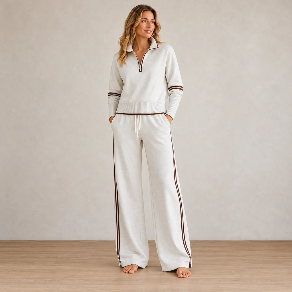 Lounge Set - Women's Quarter-Zip Long Sleeve Knit Sweater with Contrast Stripes & Wide-Leg Pants - White