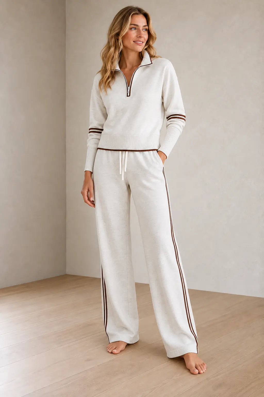 Lounge Set - Women's Quarter-Zip Long Sleeve Knit Sweater with Contrast Stripes & Wide-Leg Pants - White