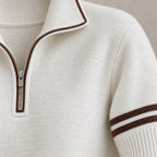 Lounge Set - Women's Quarter-Zip Long Sleeve Knit Sweater with Contrast Stripes & Wide-Leg Pants - White
