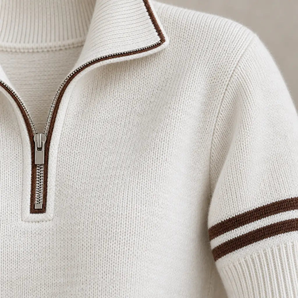 Lounge Set - Women's Quarter-Zip Long Sleeve Knit Sweater with Contrast Stripes & Wide-Leg Pants - White