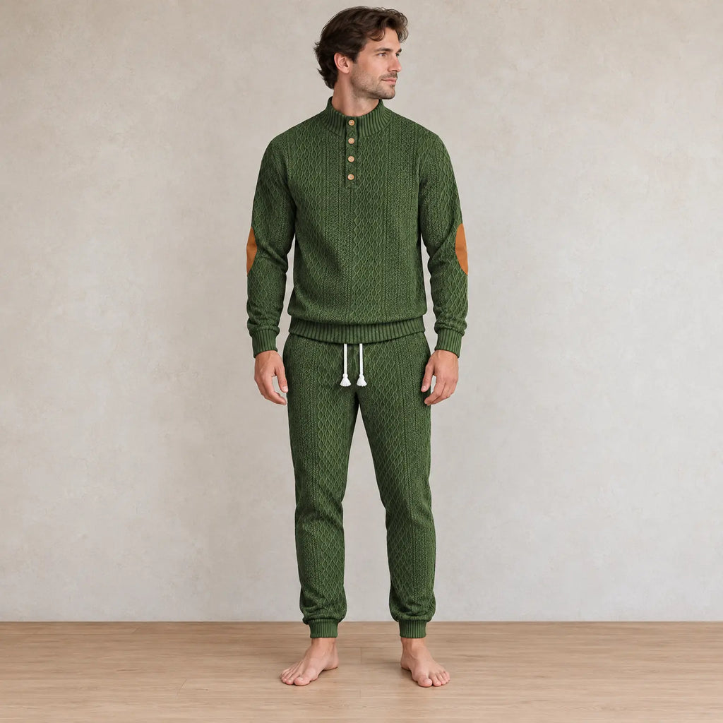 Men's Lounge Set - Long Sleeve Button Henley Knit Top with Elbow Patches & Drawstring Joggers - Army Green