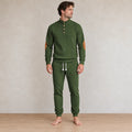 Men's Lounge Set - Long Sleeve Button Henley Knit Top with Elbow Patches & Drawstring Joggers - Army Green