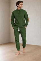 Men's Lounge Set - Long Sleeve Button Henley Knit Top with Elbow Patches & Drawstring Joggers - Army Green