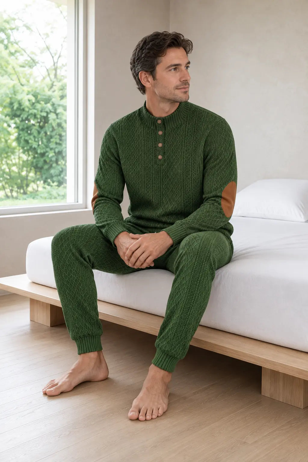 Men's Lounge Set - Long Sleeve Button Henley Knit Top with Elbow Patches & Drawstring Joggers - Army Green