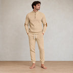 Men's Lounge Set - Long Sleeve Button Henley Knit Top with Elbow Patches & Drawstring Joggers - Khaki