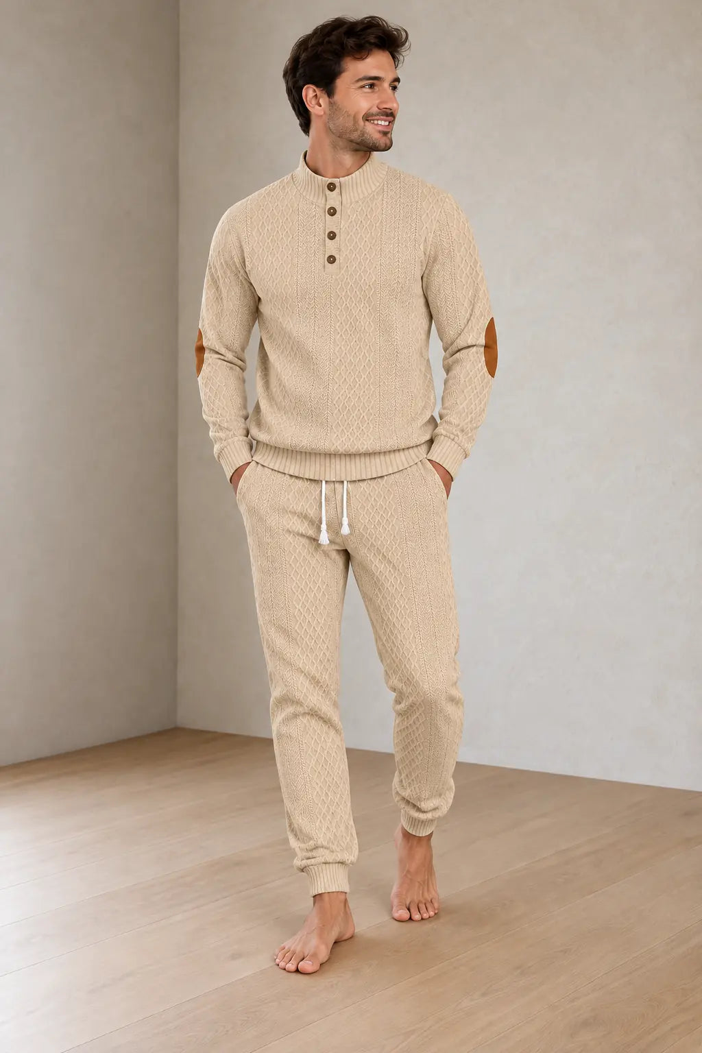 Men's Lounge Set - Long Sleeve Button Henley Knit Top with Elbow Patches & Drawstring Joggers - Khaki