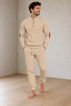 Men's Lounge Set - Long Sleeve Button Henley Knit Top with Elbow Patches & Drawstring Joggers - Khaki