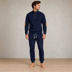 Men's Lounge Set - Long Sleeve Button Henley Knit Top with Elbow Patches & Drawstring Joggers - Navy