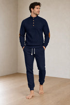 Men's Lounge Set - Long Sleeve Button Henley Knit Top with Elbow Patches & Drawstring Joggers - Navy