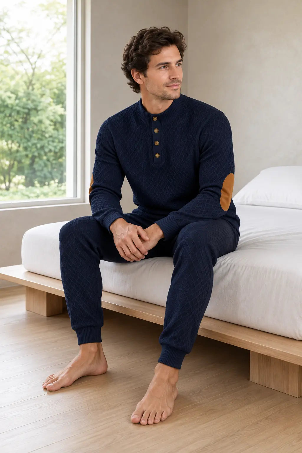 Men's Lounge Set - Long Sleeve Button Henley Knit Top with Elbow Patches & Drawstring Joggers - Navy