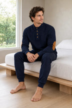 Men's Lounge Set - Long Sleeve Button Henley Knit Top with Elbow Patches & Drawstring Joggers - Navy