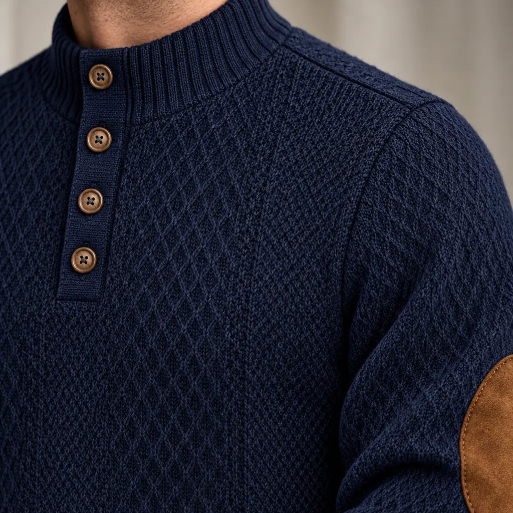 Men's Lounge Set - Long Sleeve Button Henley Knit Top with Elbow Patches & Drawstring Joggers - Navy
