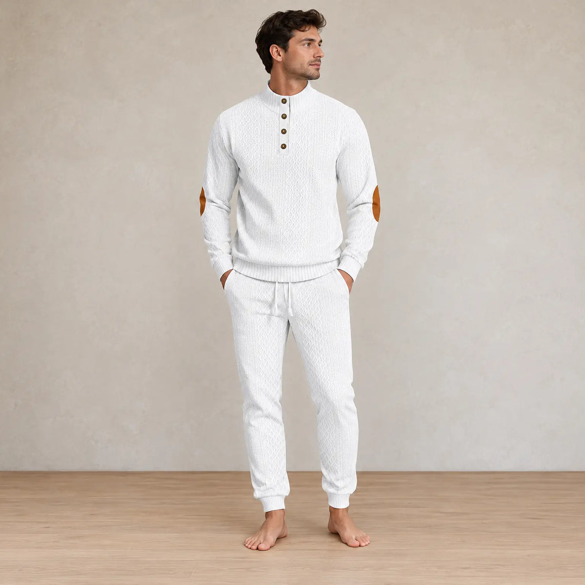 Men's Lounge Set - Long Sleeve Button Henley Knit Top with Elbow Patches & Drawstring Joggers - White