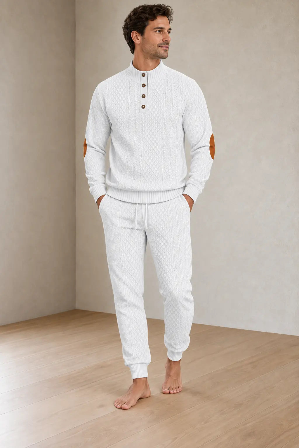 Men's Lounge Set - Long Sleeve Button Henley Knit Top with Elbow Patches & Drawstring Joggers - White