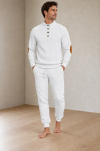 Men's Lounge Set - Long Sleeve Button Henley Knit Top with Elbow Patches & Drawstring Joggers - White