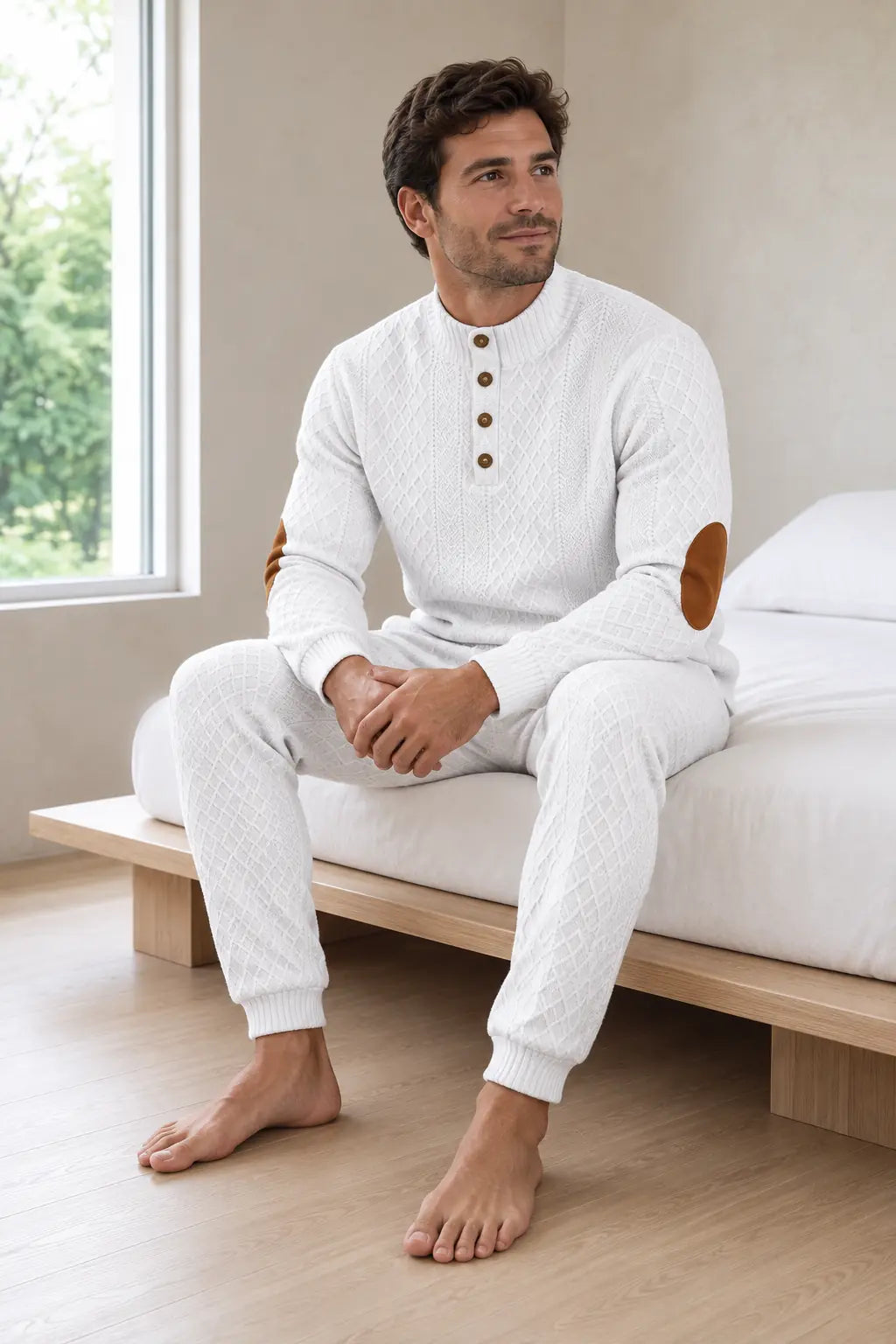 Men's Lounge Set - Long Sleeve Button Henley Knit Top with Elbow Patches & Drawstring Joggers - White