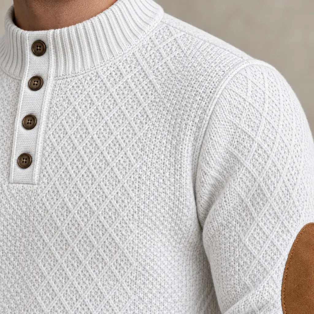 Men's Lounge Set - Long Sleeve Button Henley Knit Top with Elbow Patches & Drawstring Joggers - White