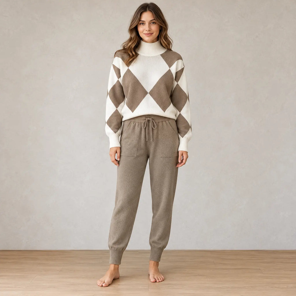 Lounge Set - Women's Argyle Knit High Neck Long Sleeve Sweater & Drawstring Jogger Pants - Khaki