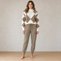 Lounge Set - Women's Argyle Knit High Neck Long Sleeve Sweater & Drawstring Jogger Pants - Khaki