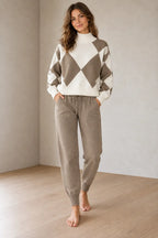 Lounge Set - Women's Argyle Knit High Neck Long Sleeve Sweater & Drawstring Jogger Pants - Khaki