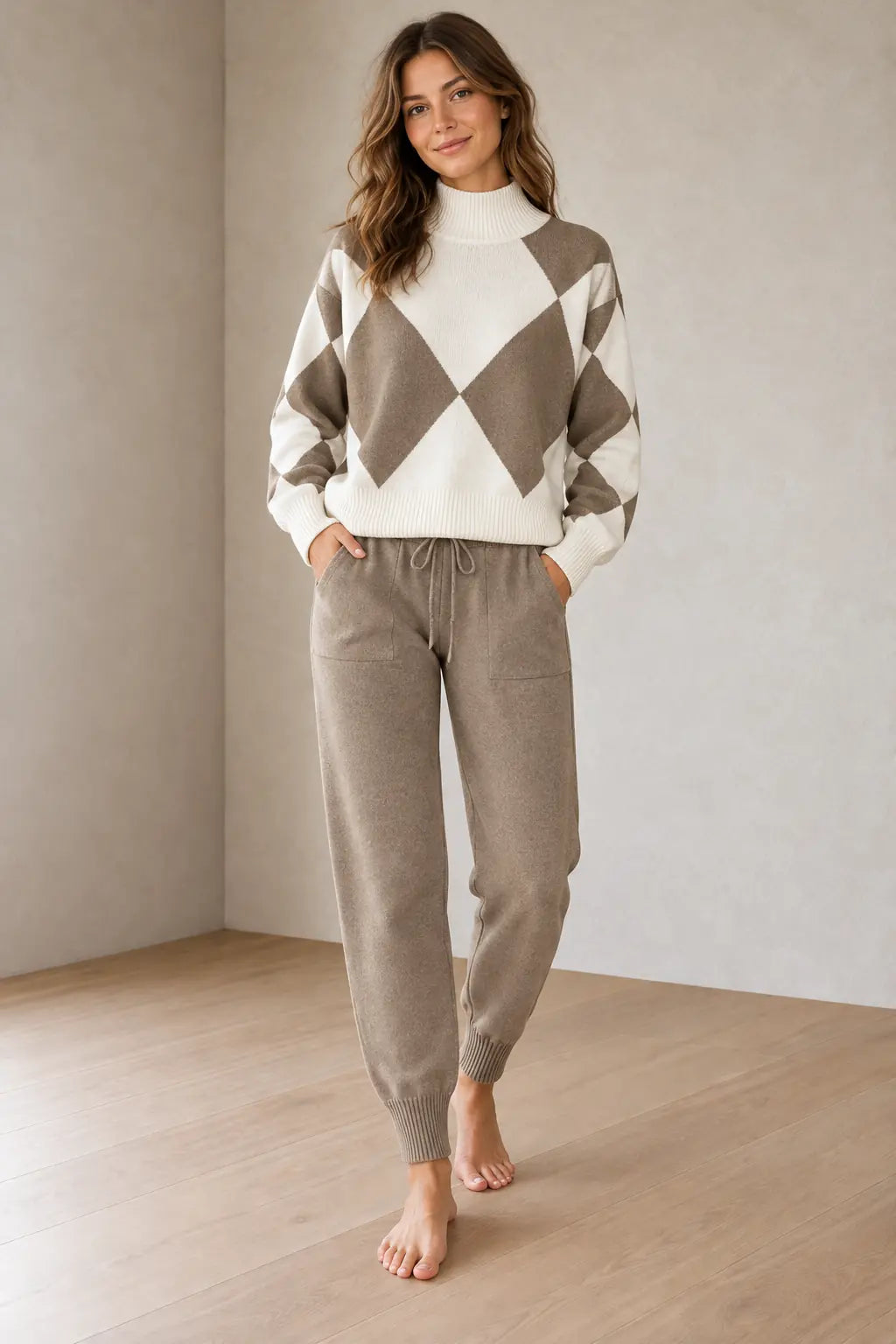 Lounge Set - Women's Argyle Knit High Neck Long Sleeve Sweater & Drawstring Jogger Pants - Khaki