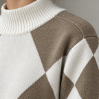 Lounge Set - Women's Argyle Knit High Neck Long Sleeve Sweater & Drawstring Jogger Pants - Khaki