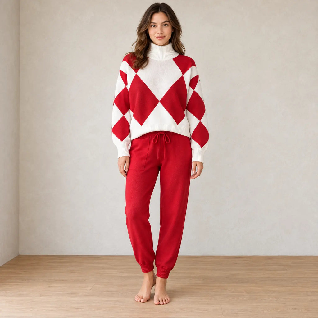 Lounge Set - Women's Argyle Knit High Neck Long Sleeve Sweater & Drawstring Jogger Pants - Red