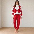 Lounge Set - Women's Argyle Knit High Neck Long Sleeve Sweater & Drawstring Jogger Pants - Red