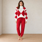 Lounge Set - Women's Argyle Knit High Neck Long Sleeve Sweater & Drawstring Jogger Pants - Red