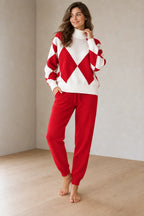 Lounge Set - Women's Argyle Knit High Neck Long Sleeve Sweater & Drawstring Jogger Pants - Red