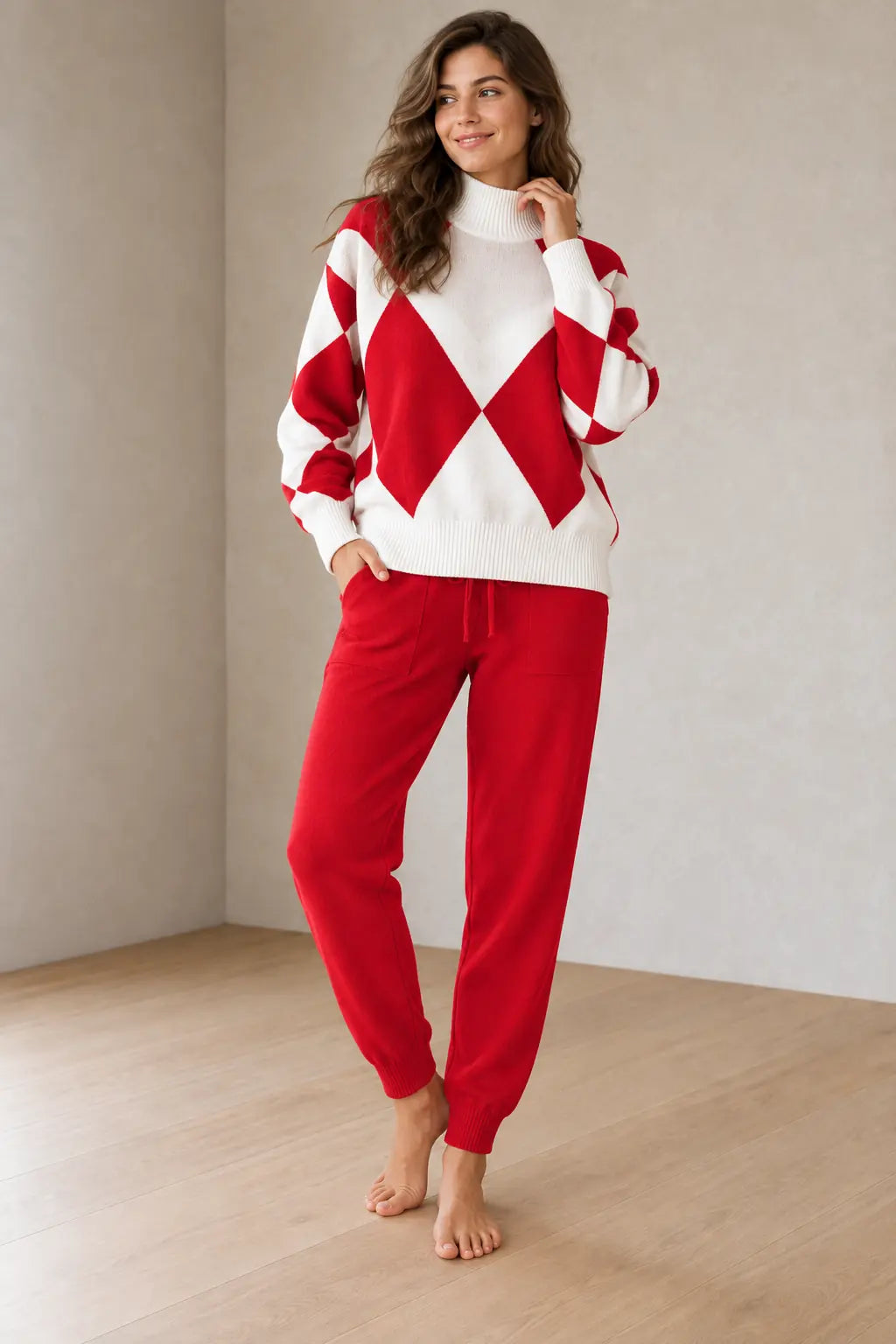 Lounge Set - Women's Argyle Knit High Neck Long Sleeve Sweater & Drawstring Jogger Pants - Red