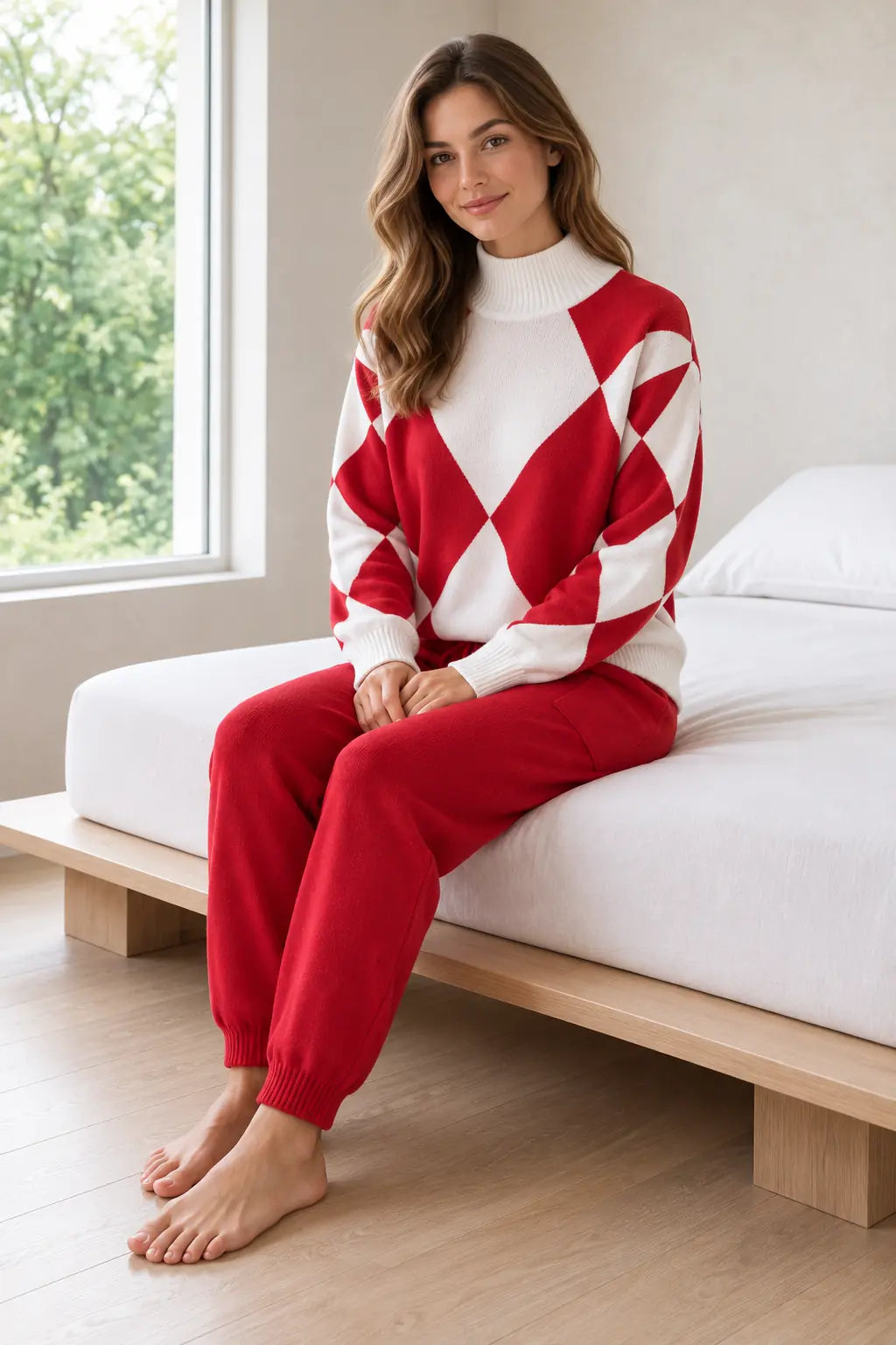 Lounge Set - Women's Argyle Knit High Neck Long Sleeve Sweater & Drawstring Jogger Pants - Red