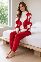 Lounge Set - Women's Argyle Knit High Neck Long Sleeve Sweater & Drawstring Jogger Pants - Red