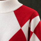 Lounge Set - Women's Argyle Knit High Neck Long Sleeve Sweater & Drawstring Jogger Pants - Red