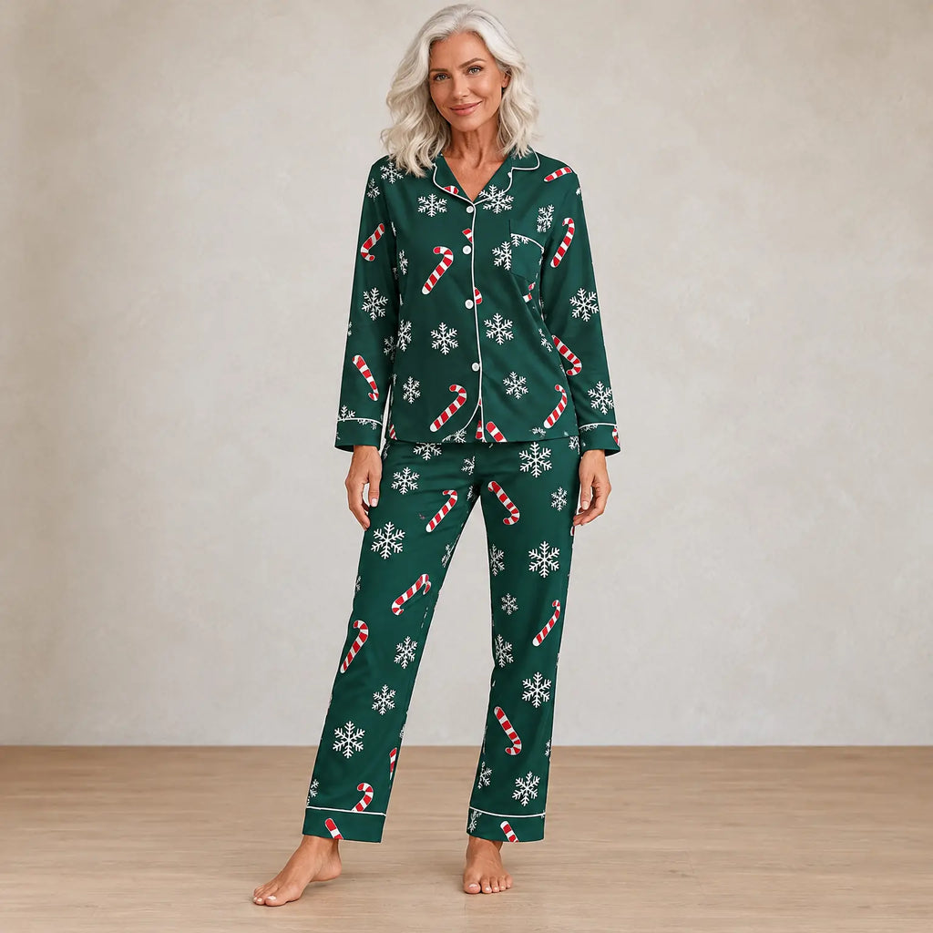 Christmas Pajamas - Women's Long Sleeve Snowflake & Candy Cane Print Notch Collar Button-Front Set - Green
